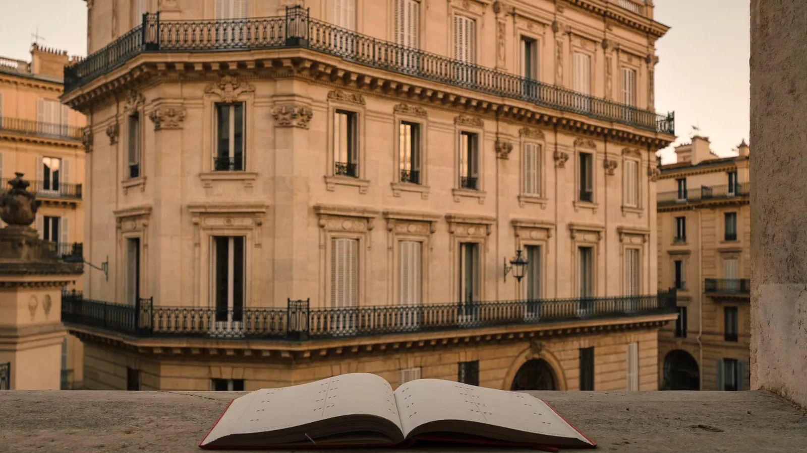 Immeuble en pierre dorée d'Aix-en-Provence au petit matin, avec un calendrier ouvert posé sur un appui de fenêtre